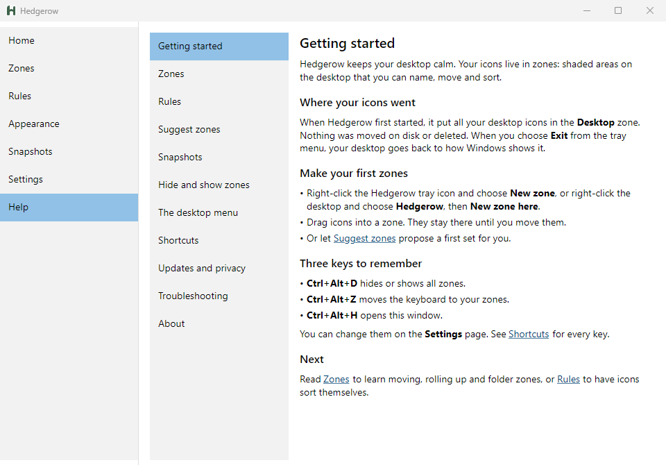 The Hedgerow window on its Help page, showing the Getting started topic with a list of help topics beside it, from Zones and Rules to Troubleshooting and About.